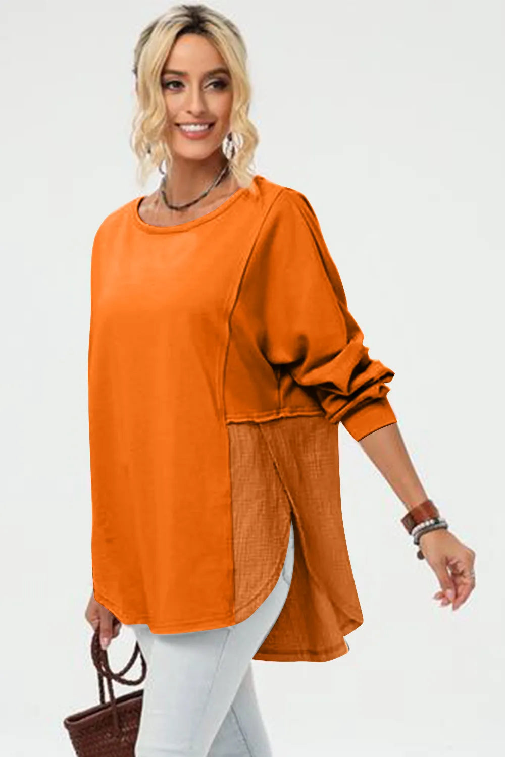 Double Take Full Size Long Sleeve High-Low T-Shirt Tangerine