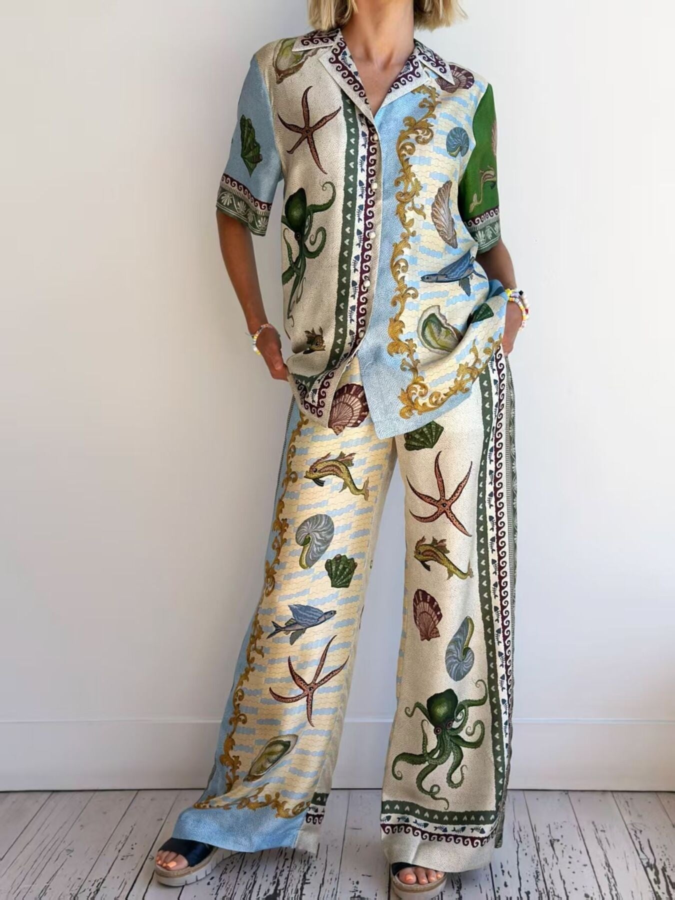 Ocean Print Button-Down Shirt and Wide Leg Pants Set Light Blue