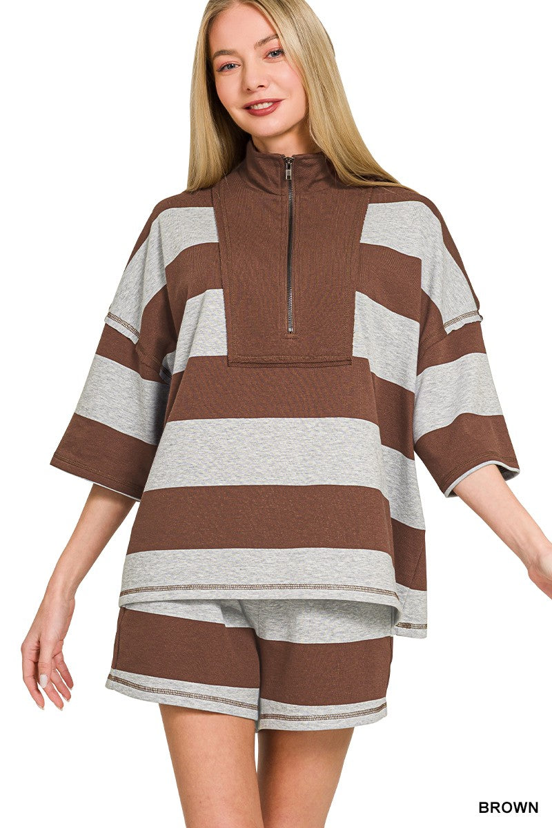 Zenana Frenchterry Striped Half Zip Top & Shorts Set BROWN