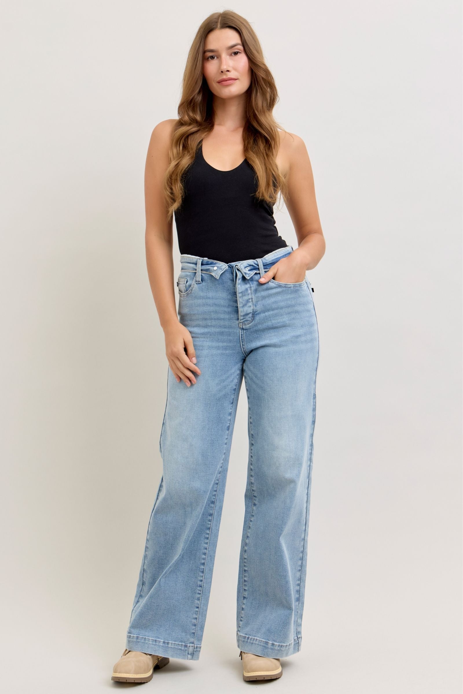 Judy Blue Mid Rise Retro Fold-over Waistband Wide Leg Denim Jeans 881104
