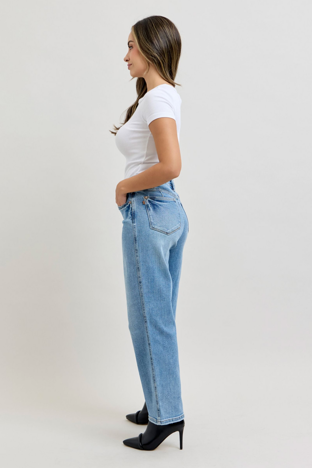 Judy Blue Mid Rise Tummy Control Vintage Wash Straight Denim Jeans 88943 - Petite
