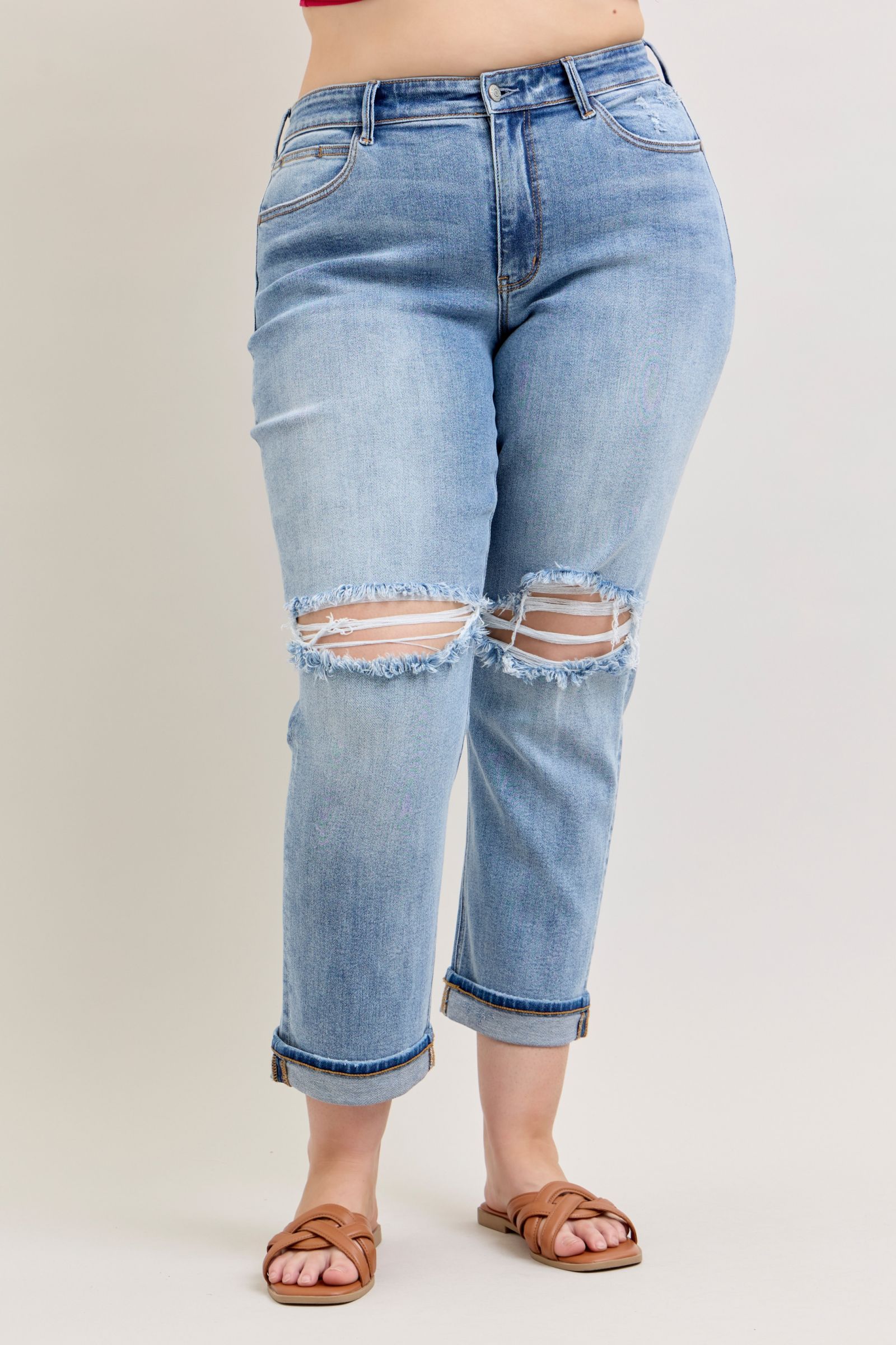 Judy Blue Mid Rise Destroyed Cuffed Boyfriend Denim Jeans 82688