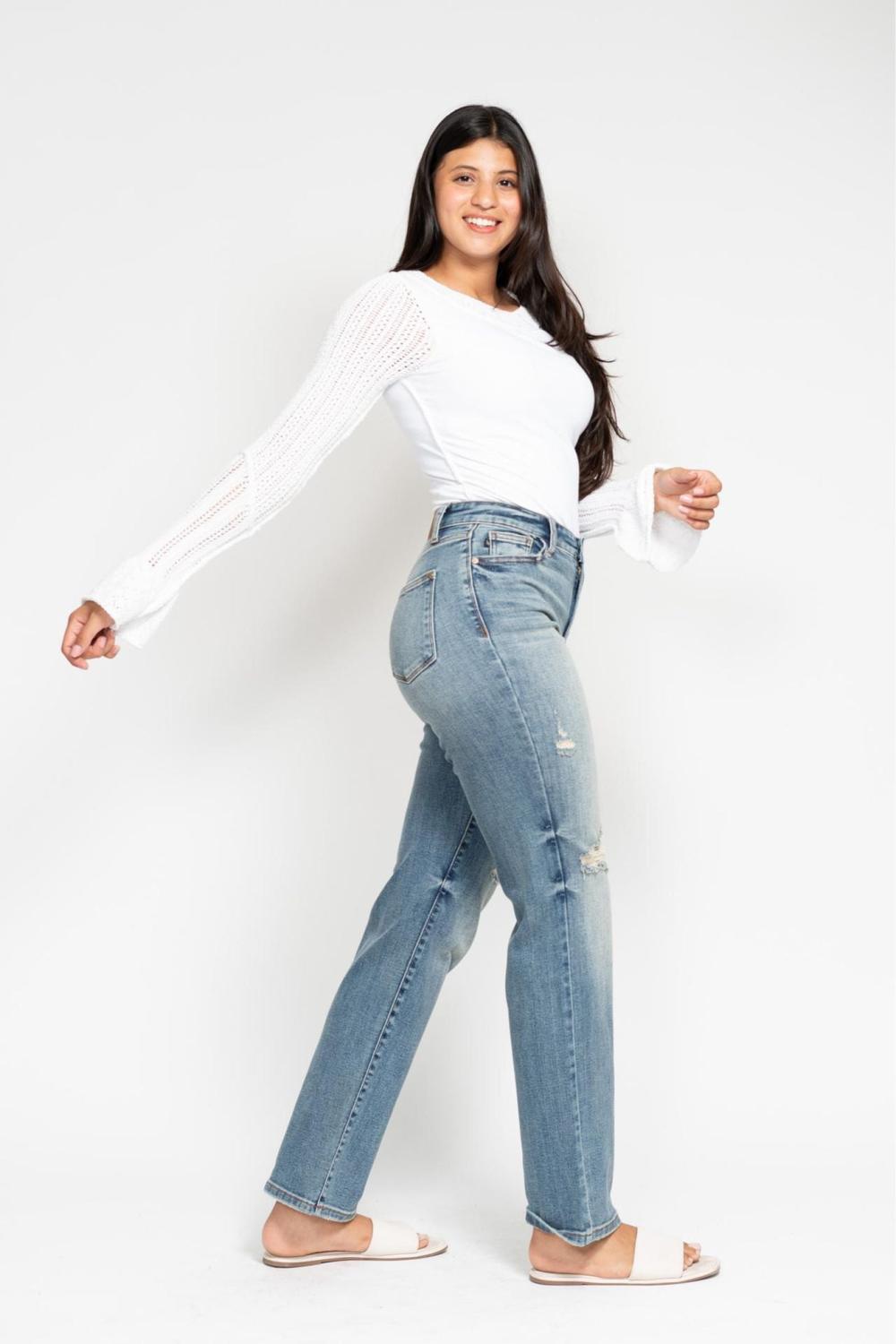 Judy Blue High Waist Harsh Tint & Destroy Straight Dad Denim Jeans 82641