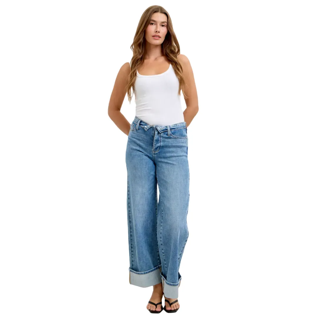 Judy Blue Mid Rise Fold Over Waistband Straight Denim Jeans 881100 15 32