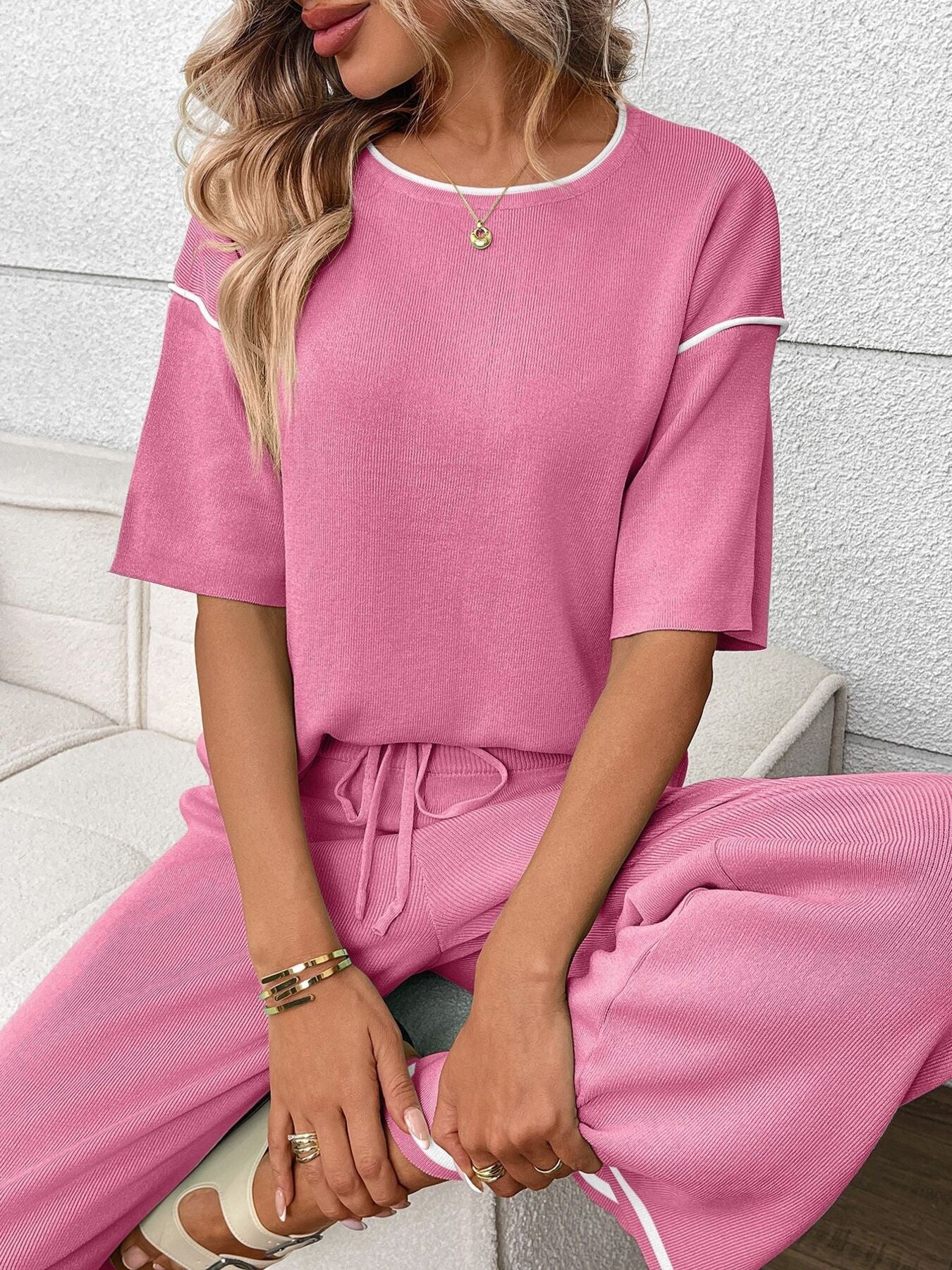Round Neck Half Sleeve Top and Pants Set Fuchsia Pink