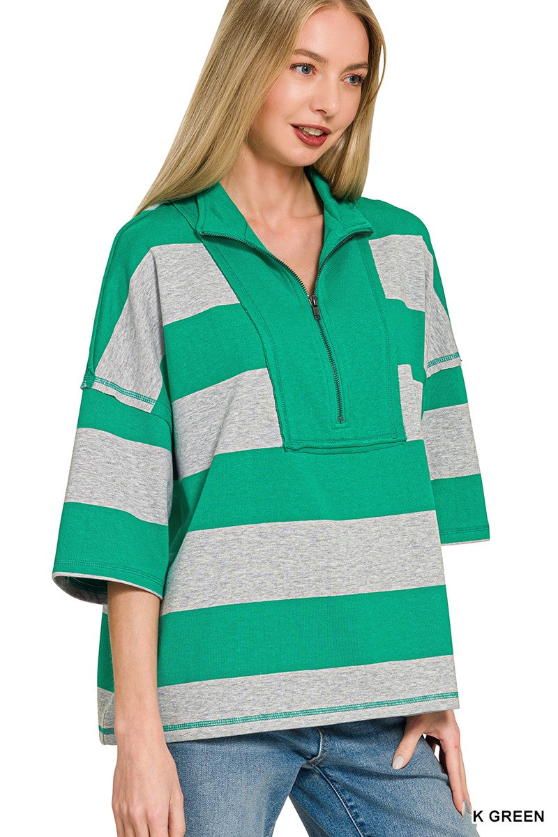 Zenana Frenchterry Striped Half Zip Top & Shorts Set