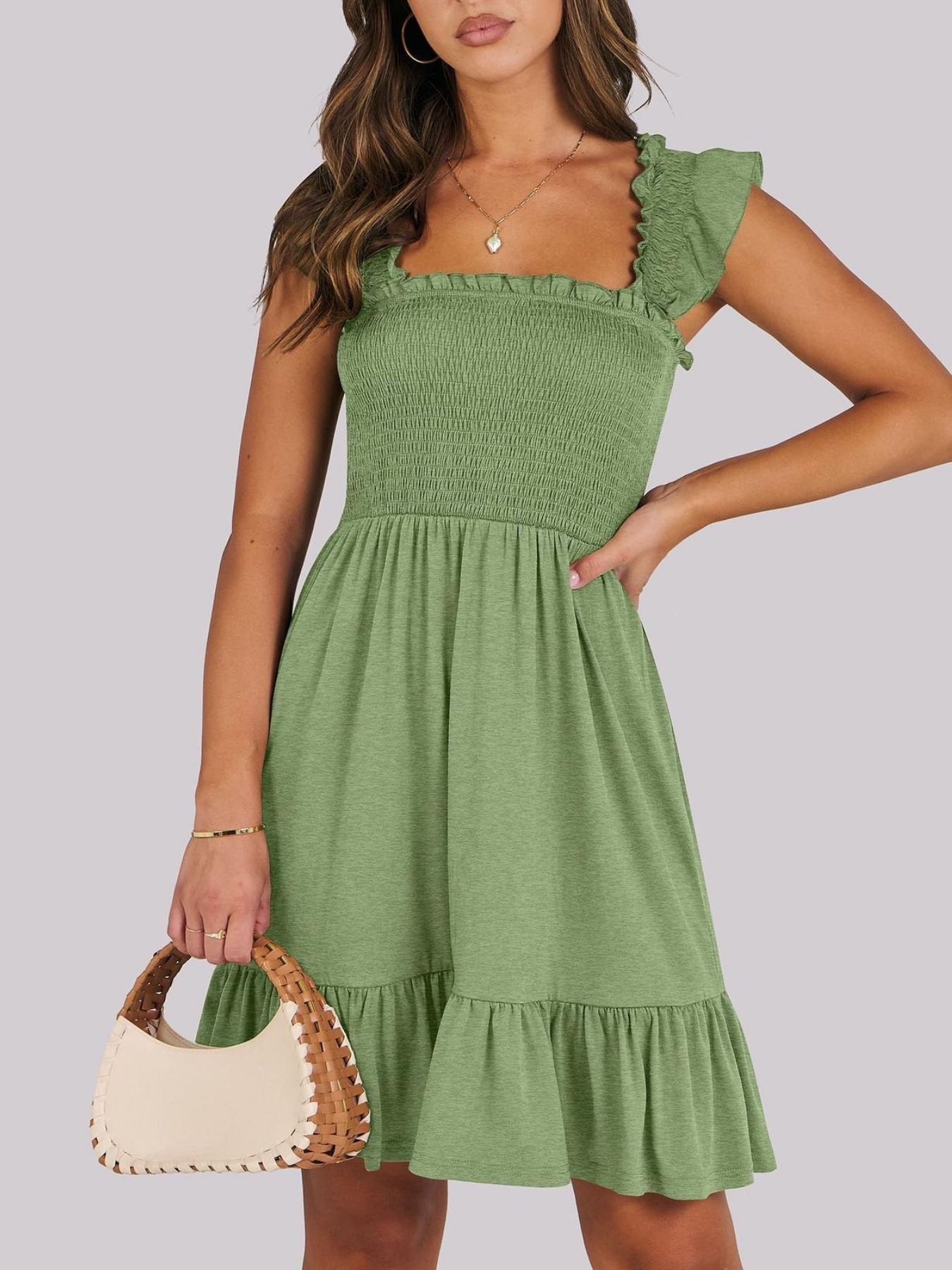 Smocked Ruffle Hem Mini Dress Sage