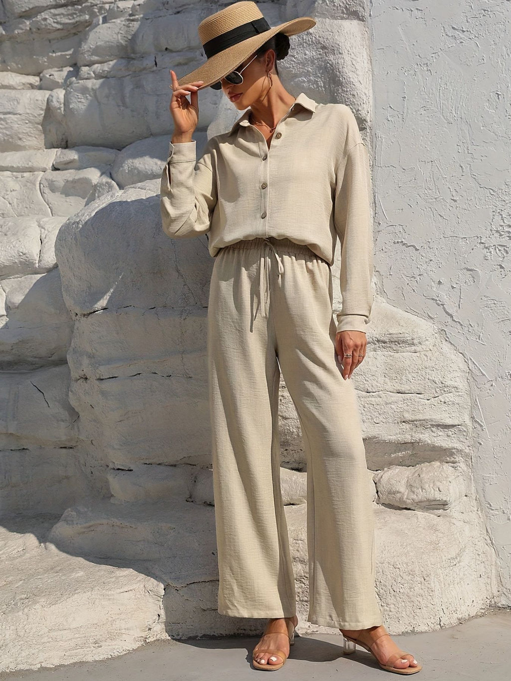 Button Up Long Sleeve Shirt and Pants Set