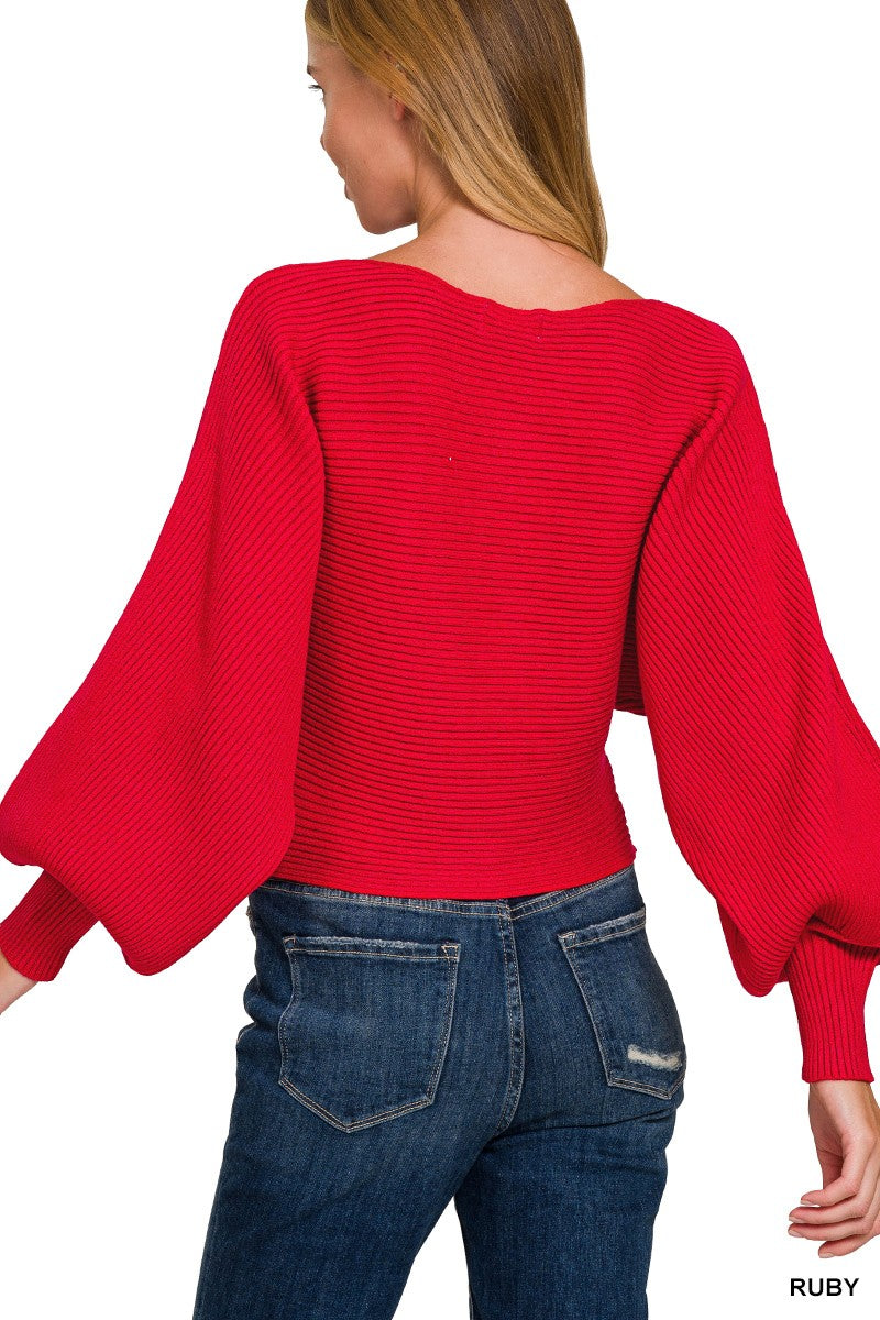 Zenana Boat Neck Balloon Sleeve Sweater
