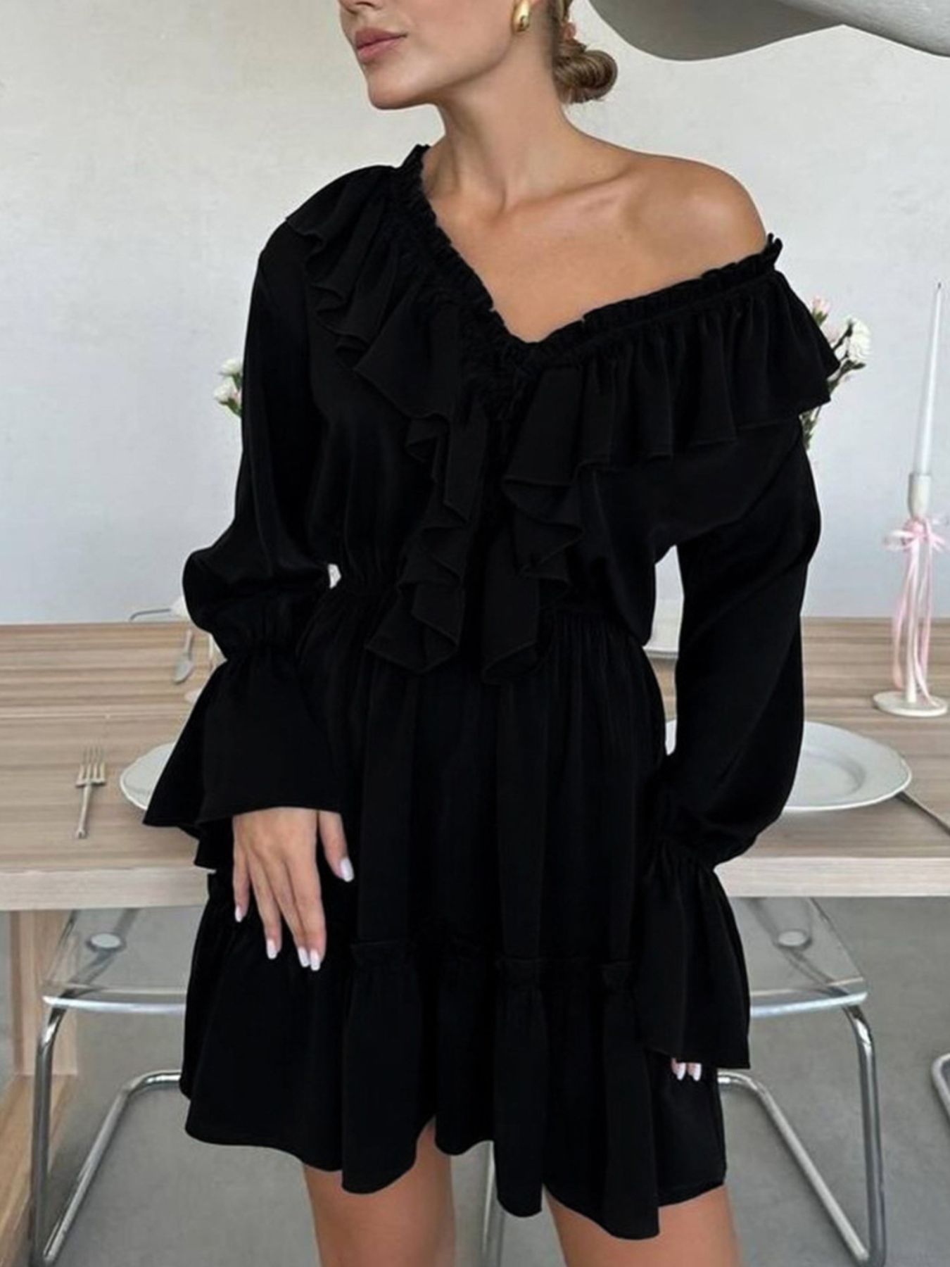 Ruffled Flounce Sleeve Mini Dress Black