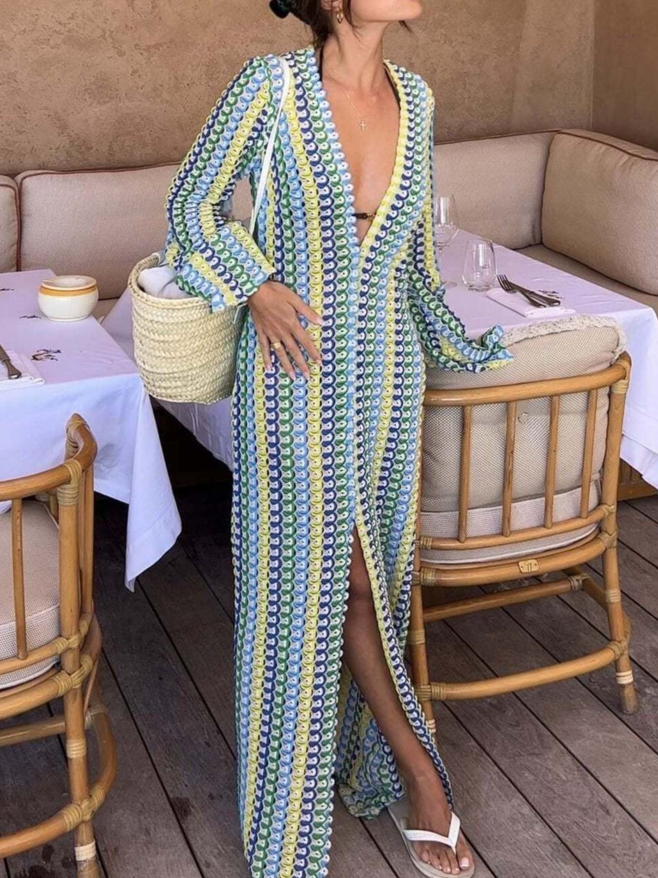 Slit Striped Knit Maxi Dress Blue & Yellow