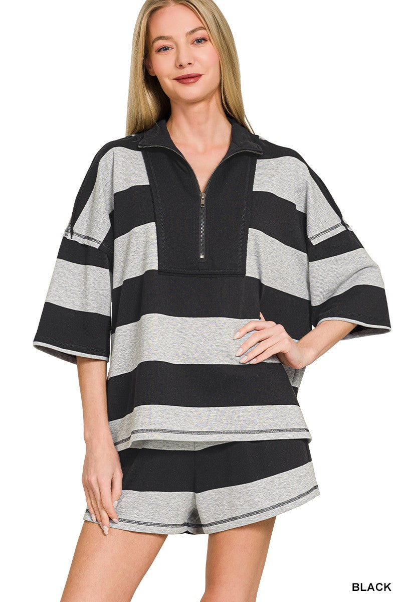 Zenana Frenchterry Striped Half Zip Top & Shorts Set BLACK