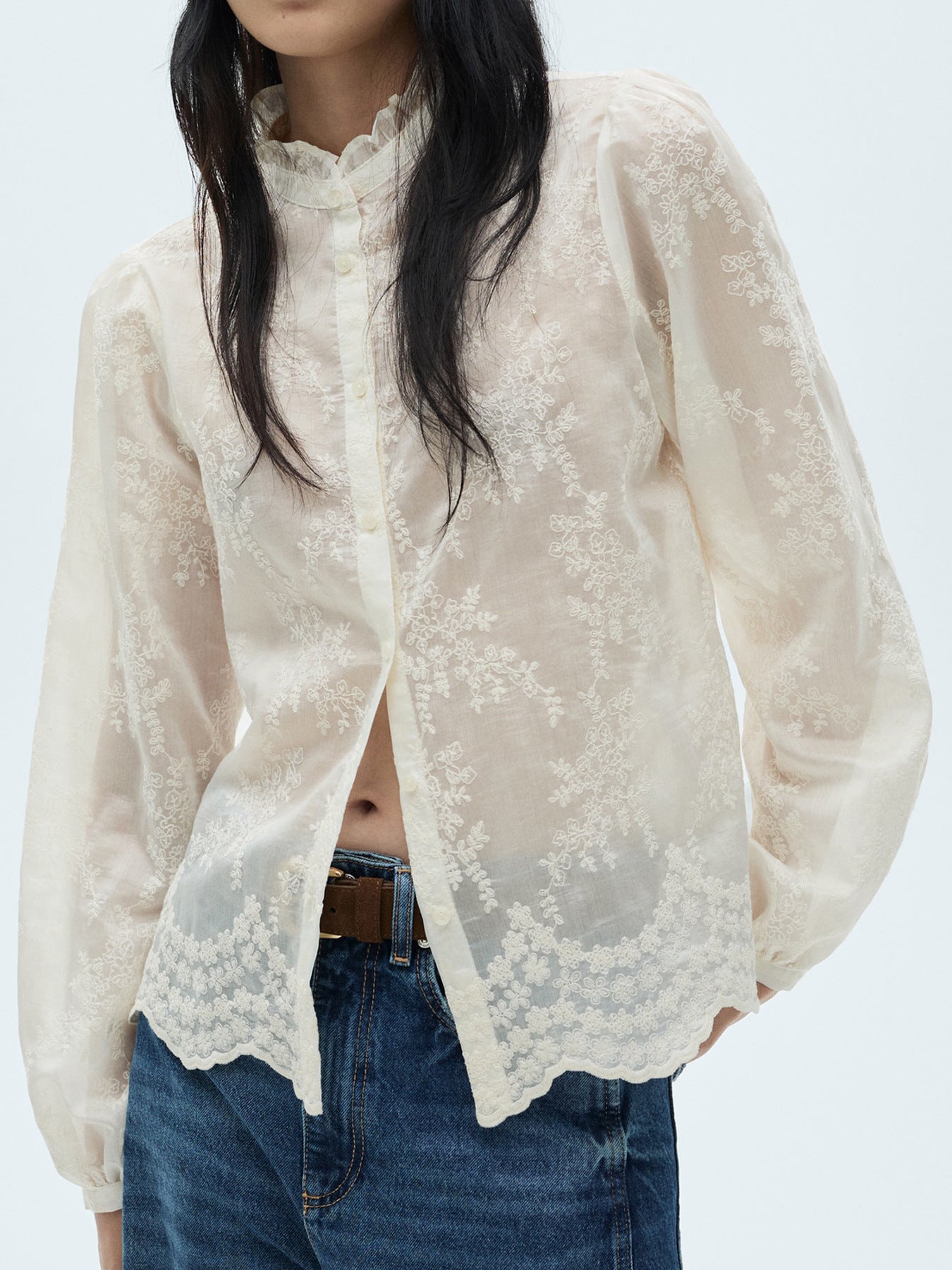 Lace Sheer Long Sleeve Shirt Apricot