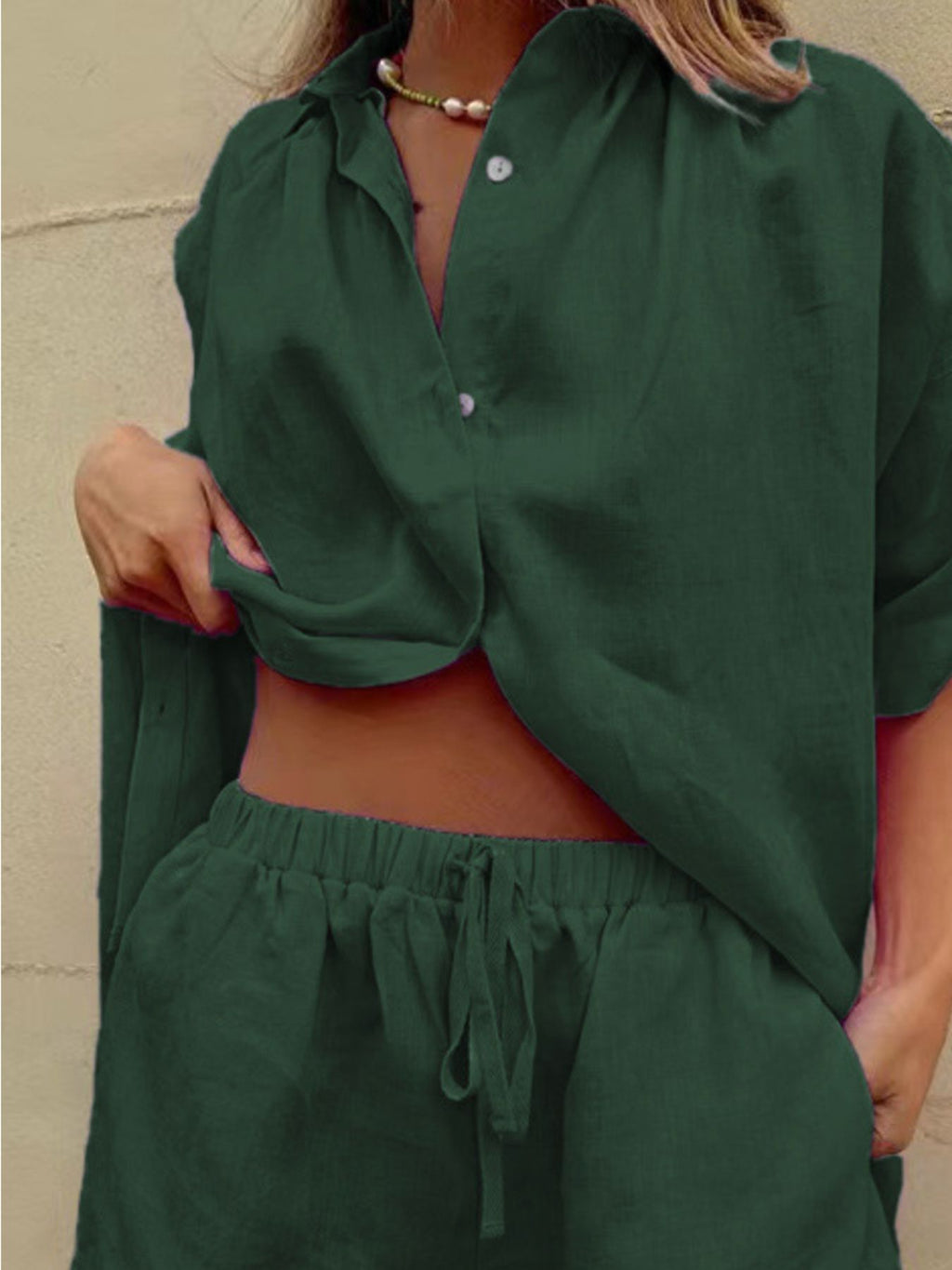 Button Up Shirt and Drawstring Shorts Set