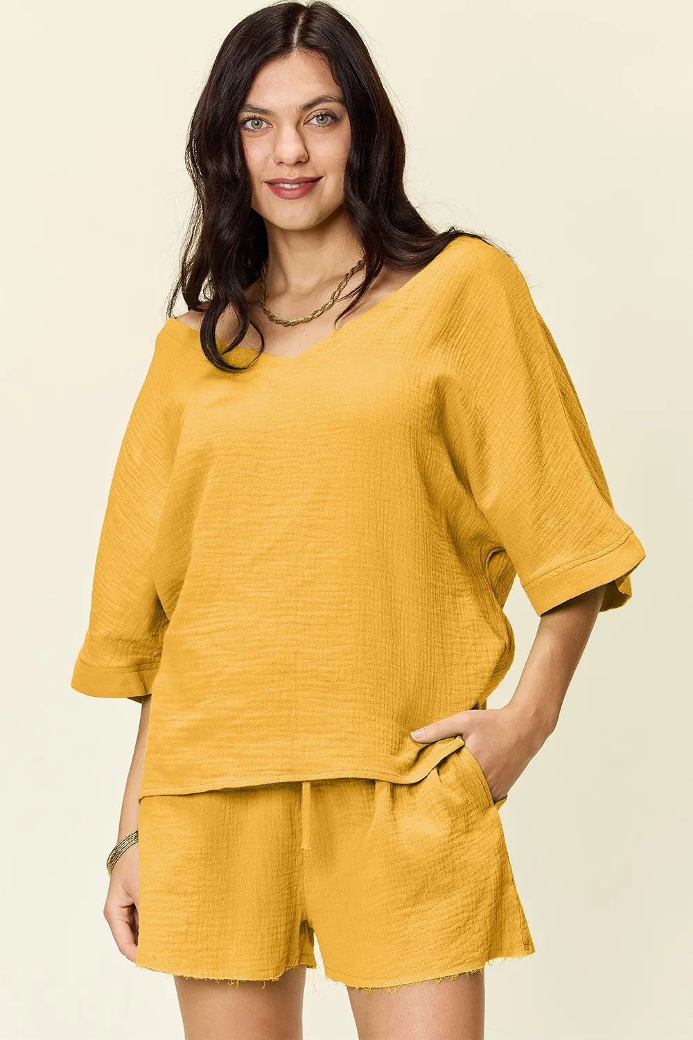 Double Take Texture Half Sleeve T-Shirt and Drawstring Shorts Set Gold