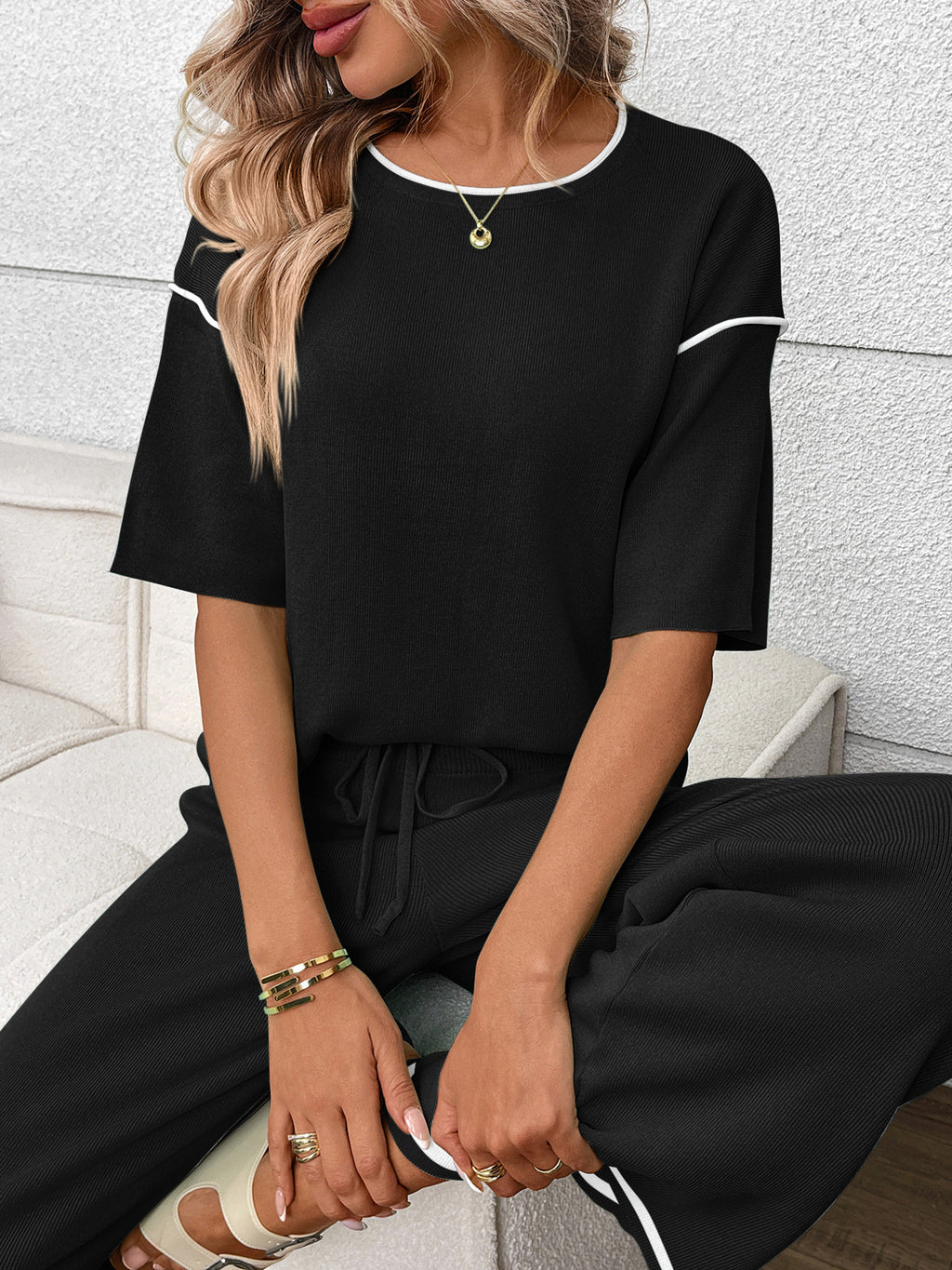 Round Neck Half Sleeve Top and Pants Set