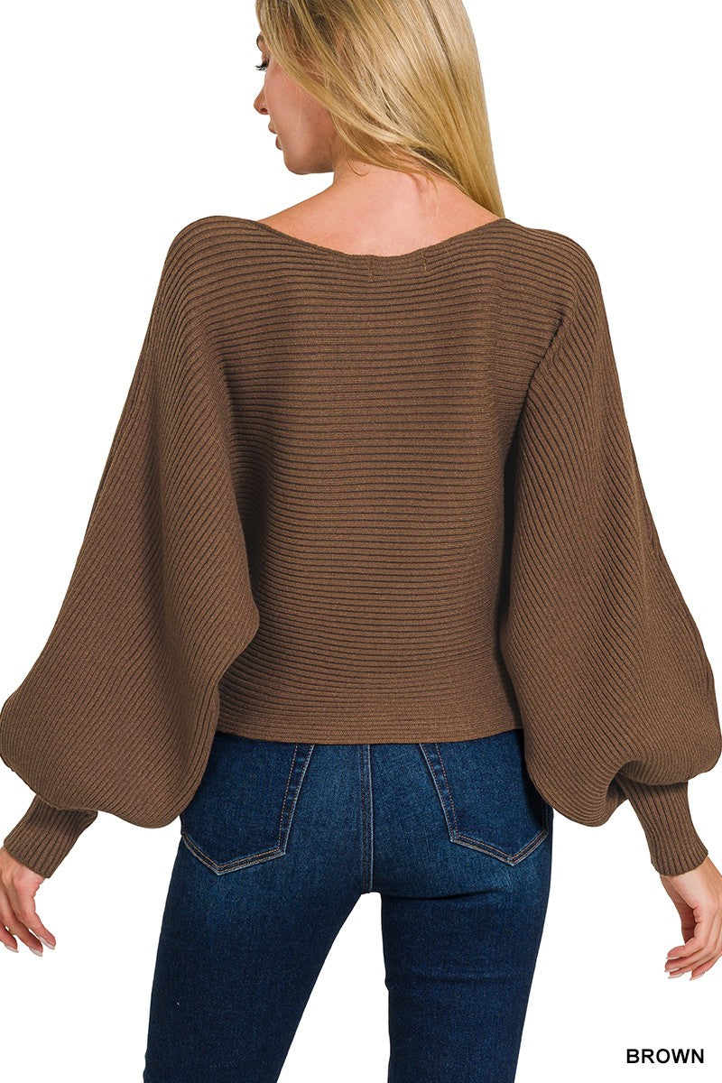 Zenana Boat Neck Balloon Sleeve Sweater