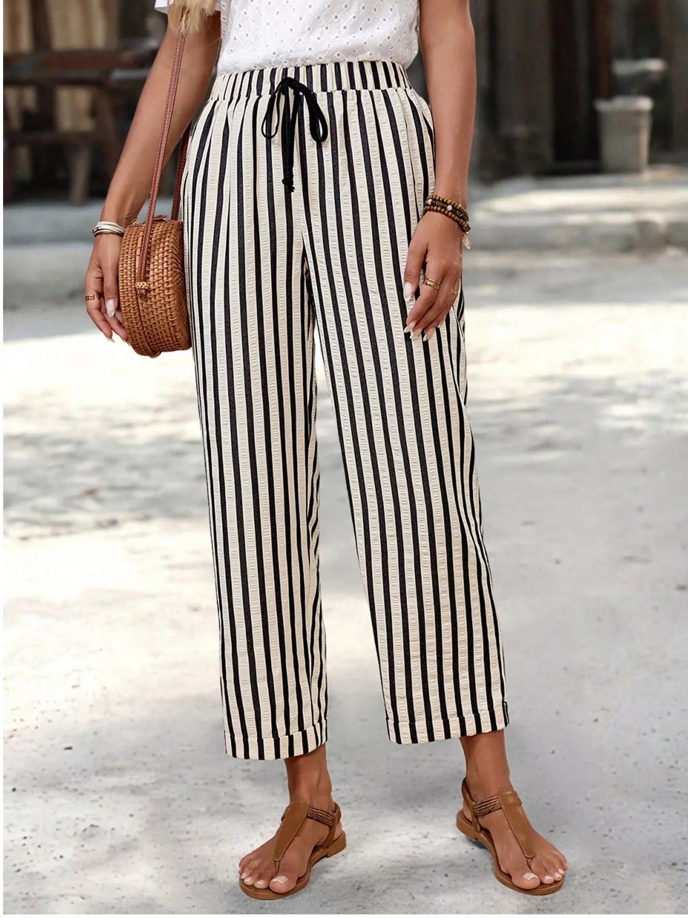 Striped High-Waisted Cropped Pants