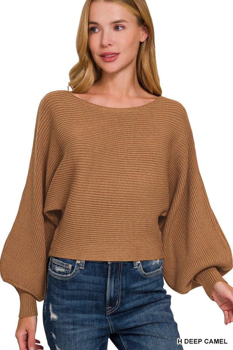 Zenana Boat Neck Balloon Sleeve Sweater H DEEP CAMEL