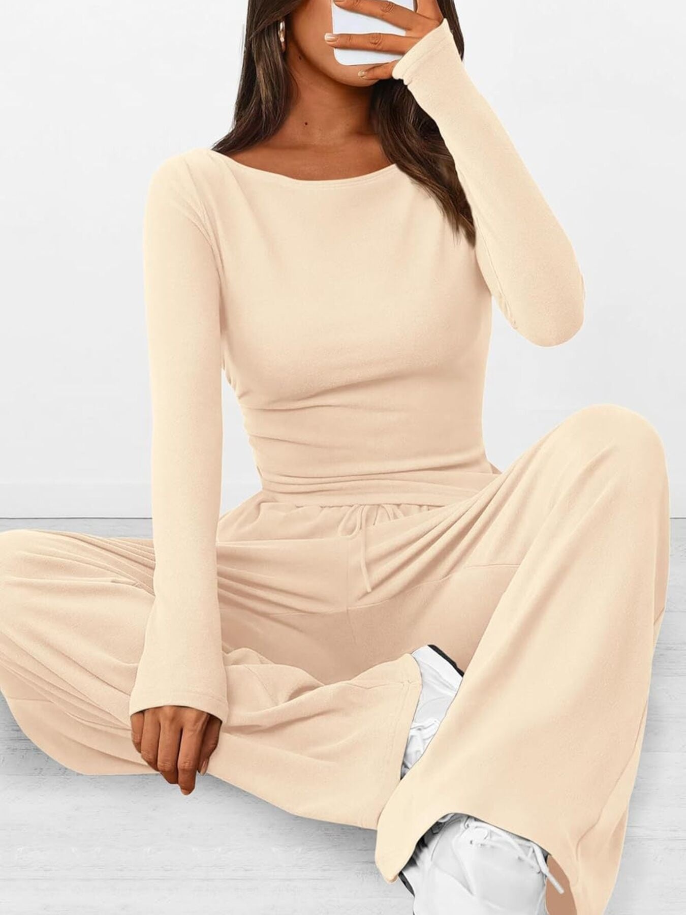 Round Neck Long Sleeve Top and Pants Set Off-white