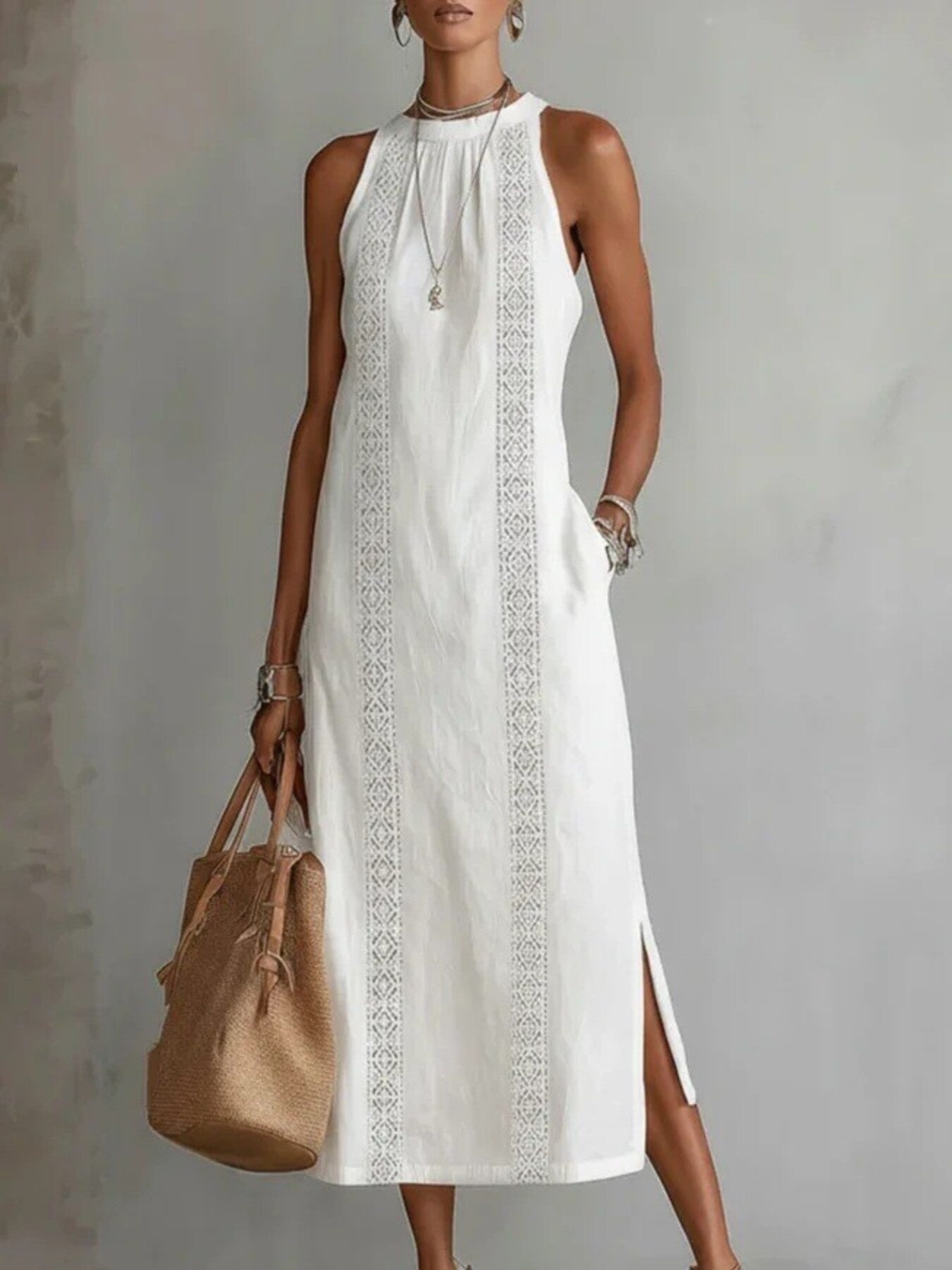 Side Slit Sleeveless Hollow-Out Trimmed Midi Dress White