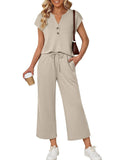 Notched Short Sleeve Top and Pants Set Apricot
