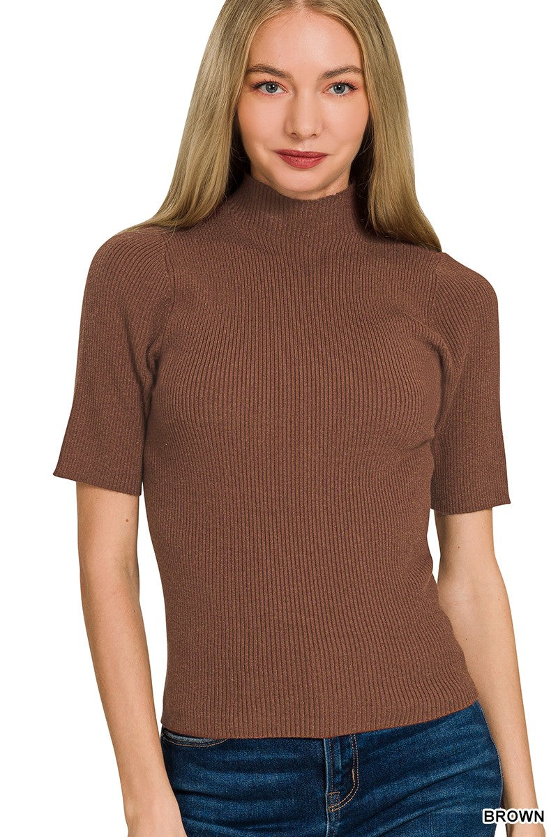 Zenana Viscose Ribbed Mock Neck Sweater BROWN