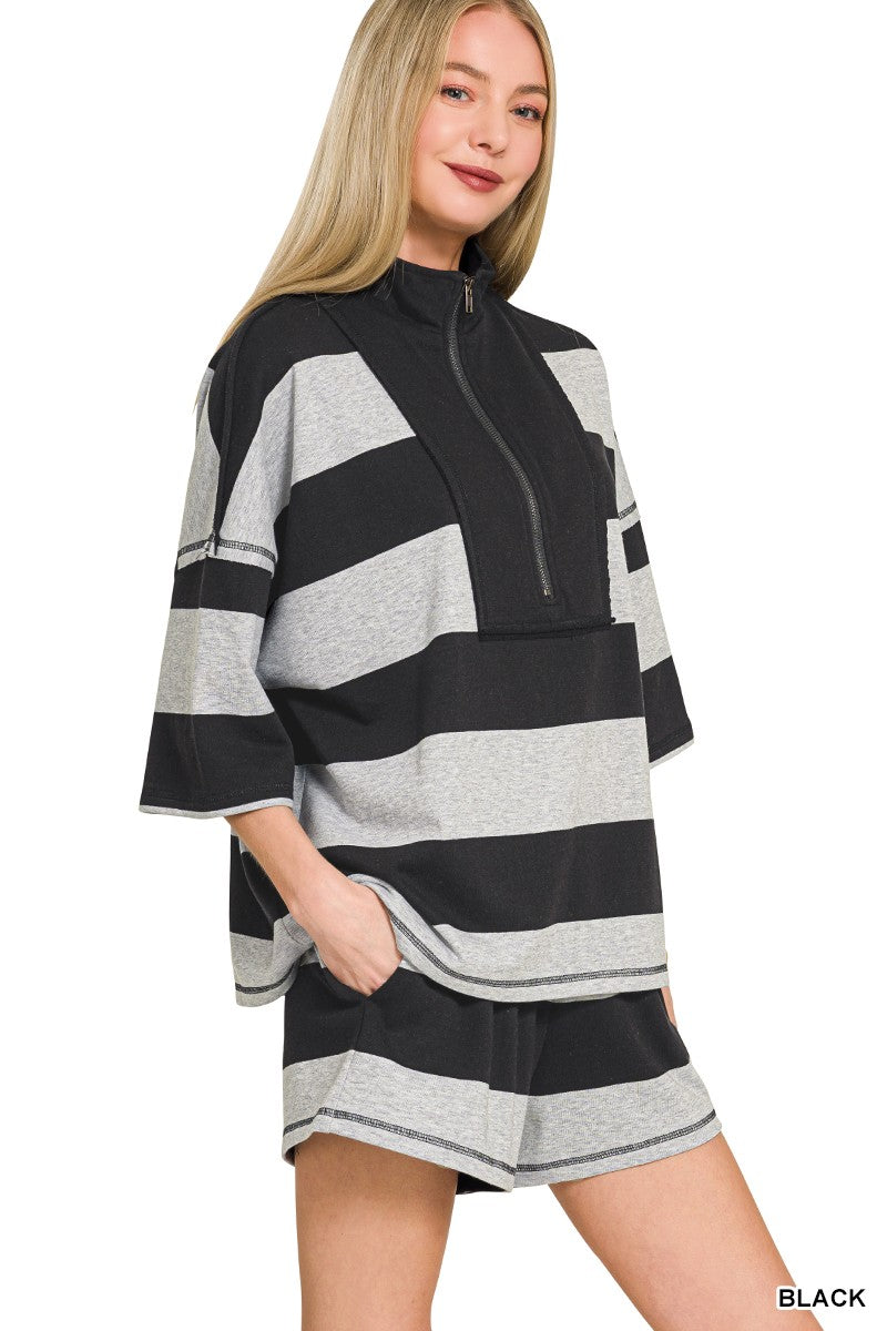 Zenana Frenchterry Striped Half Zip Top & Shorts Set