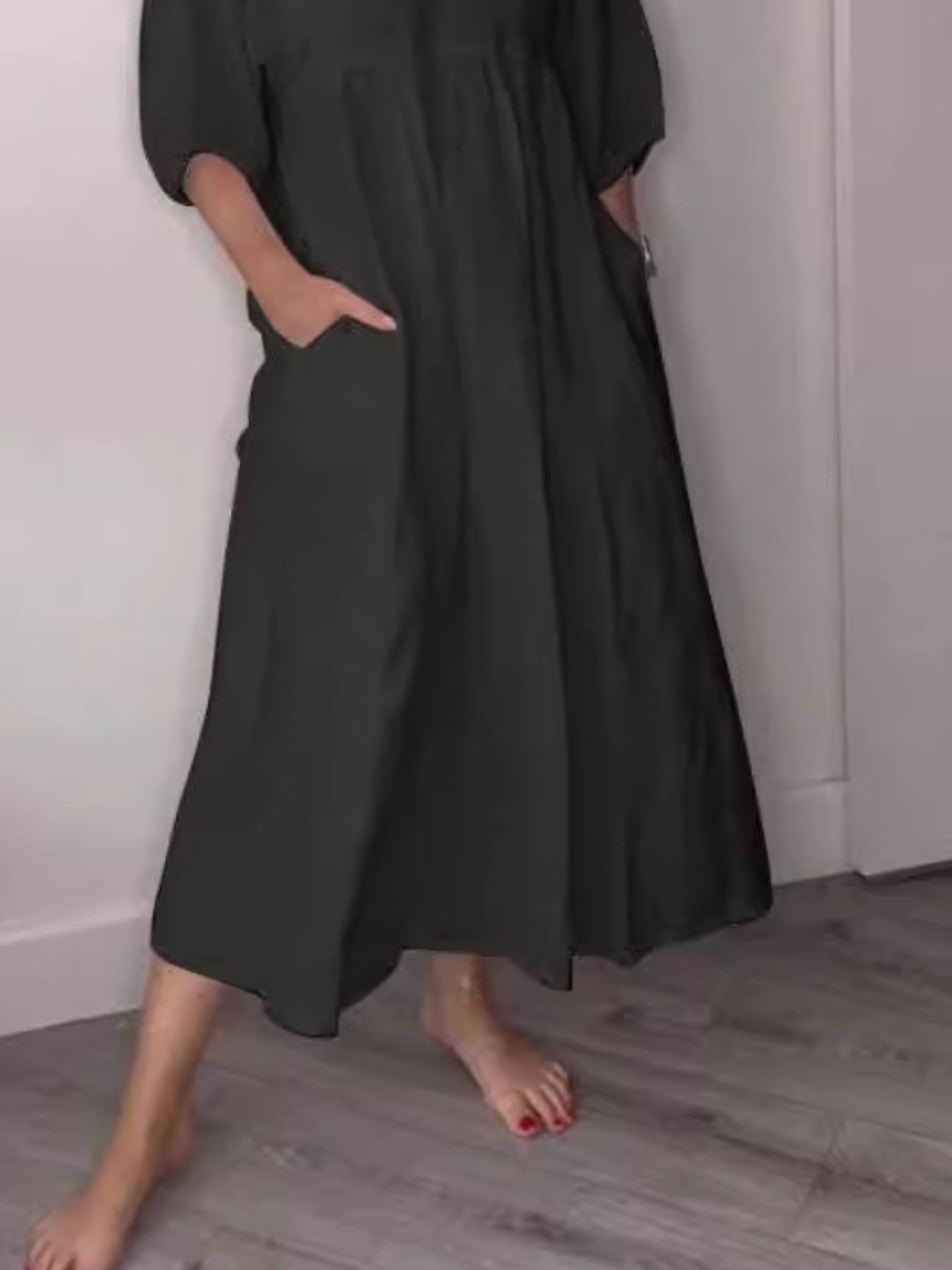 Full Size V-Neck Loose Fit Midi Dress with Pockets Plus Size