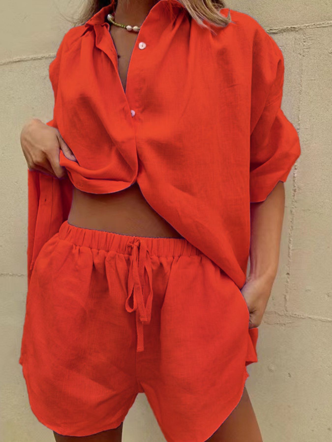 Button Up Shirt and Drawstring Shorts Set Red