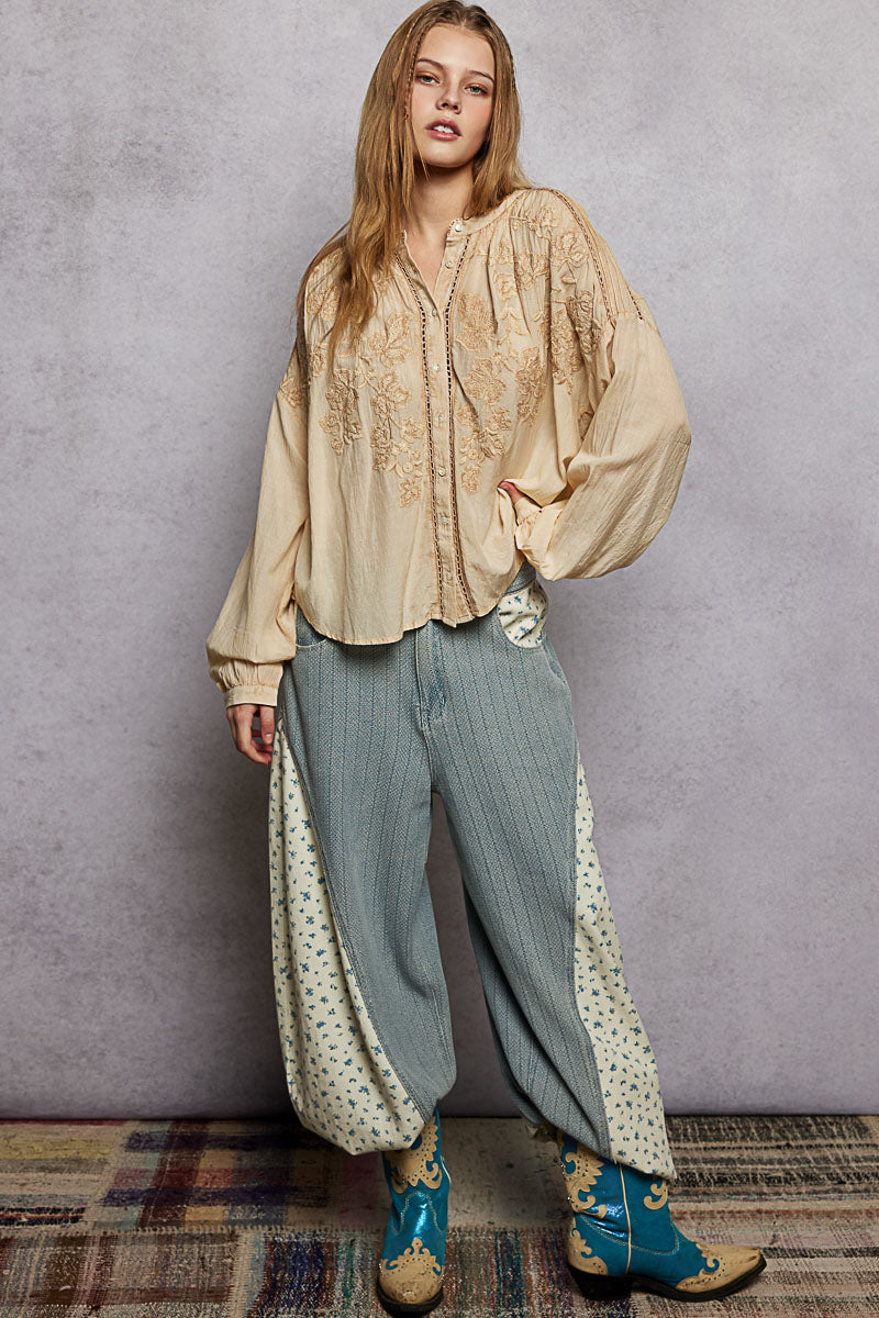 POL Embroidery Button Down Long Sleeve Washed Shirt