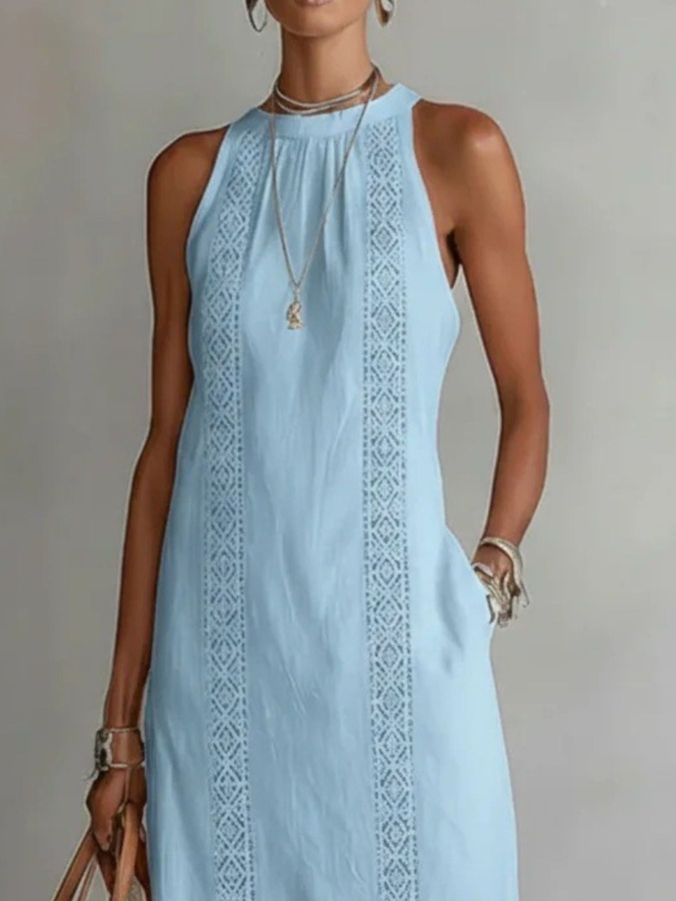 Side Slit Sleeveless Hollow-Out Trimmed Midi Dress