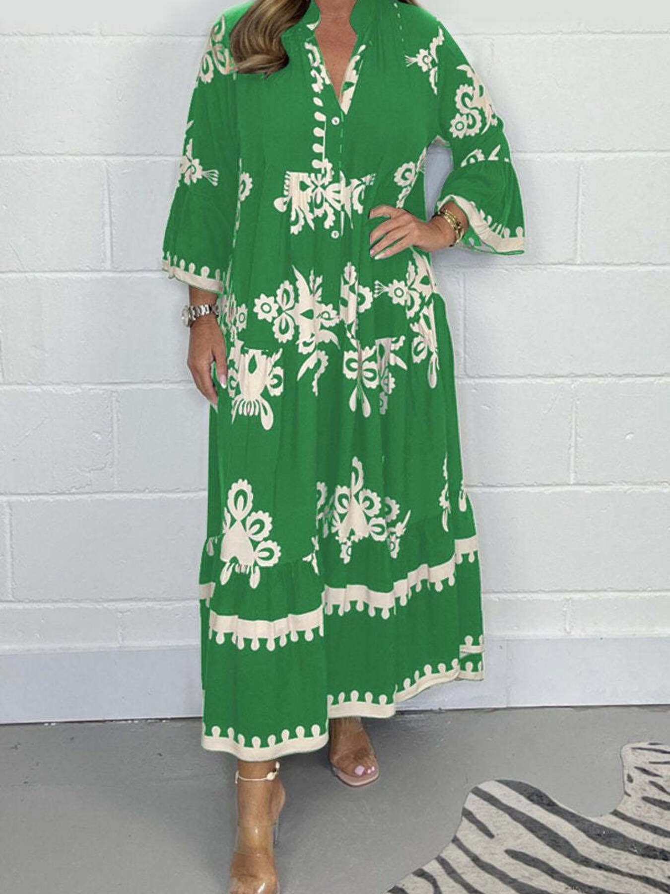 Full Size Printed Notched 3/4 Sleeve Midi Dress Plus Size Green