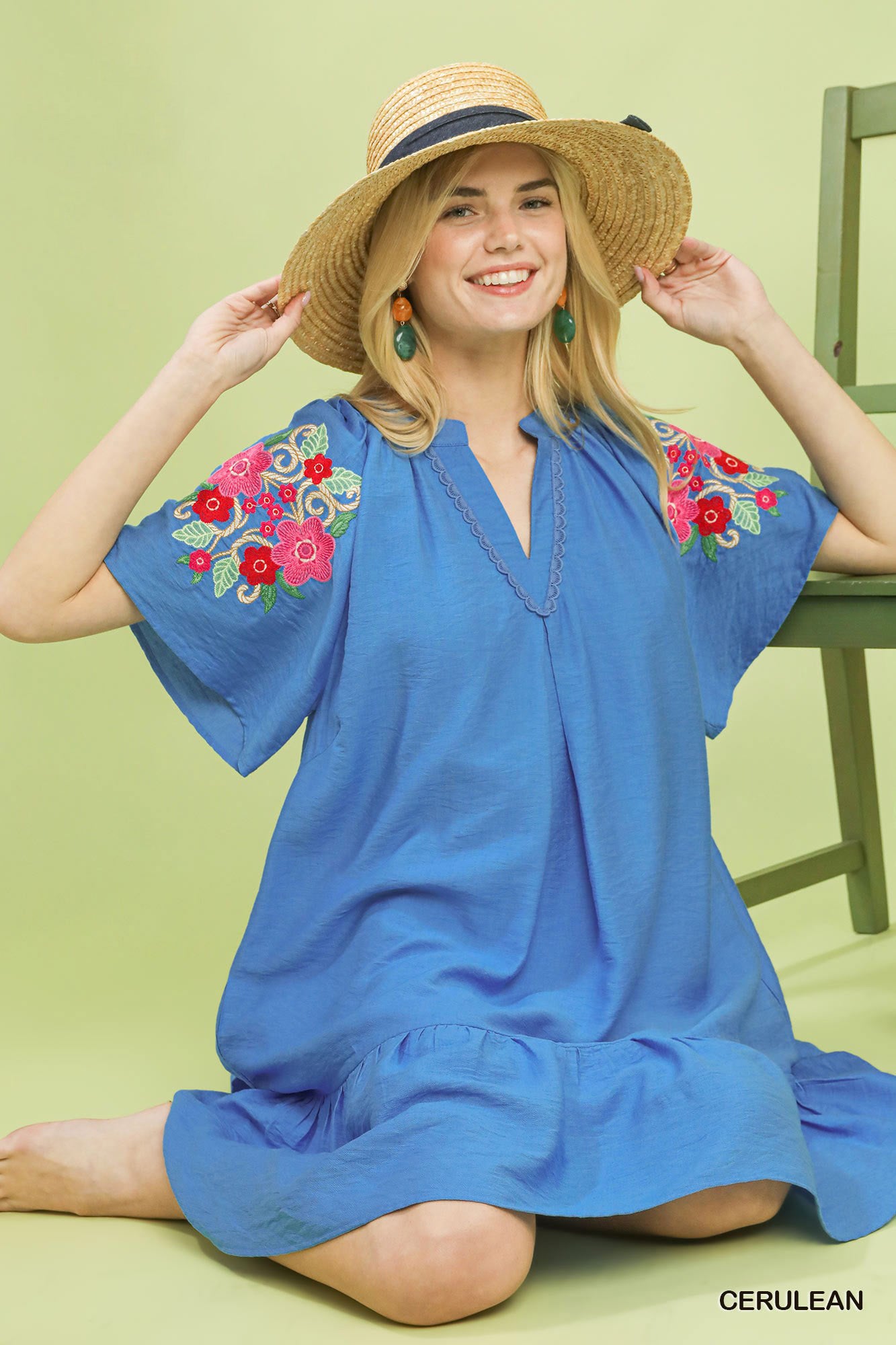 Umgee Embroidered Shoulder Dress CERULEAN