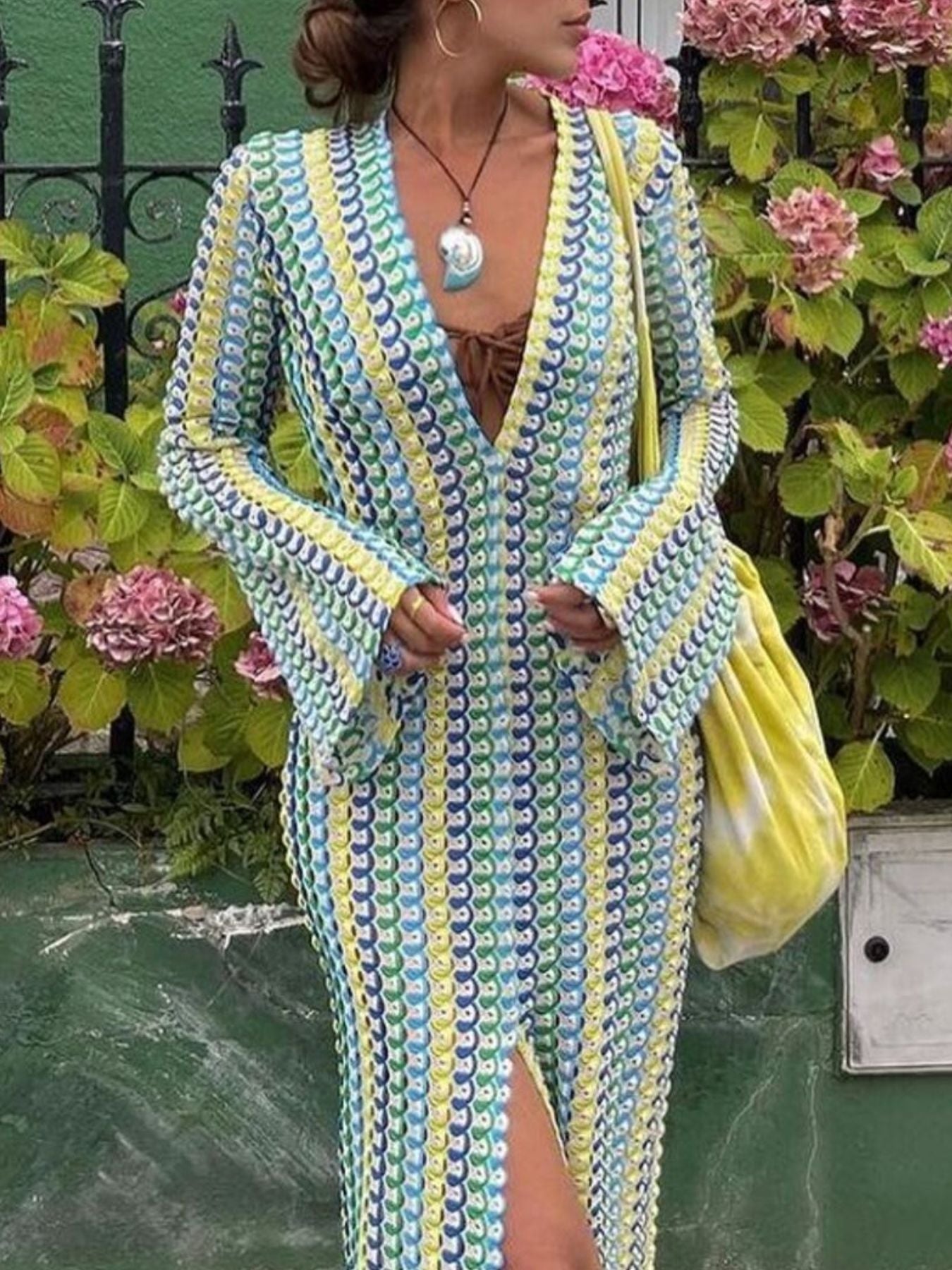 Slit Striped Knit Maxi Dress