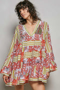 POL Striped Floral Long Sleeve Mini Dress with Pintuck Detail IVORY RED MULTI