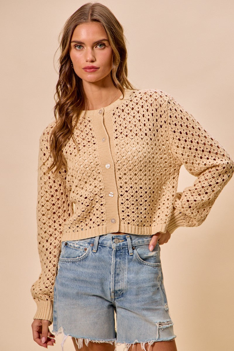 SO ME Open Knitted Button Down Cardigan Sweater Top NATURAL