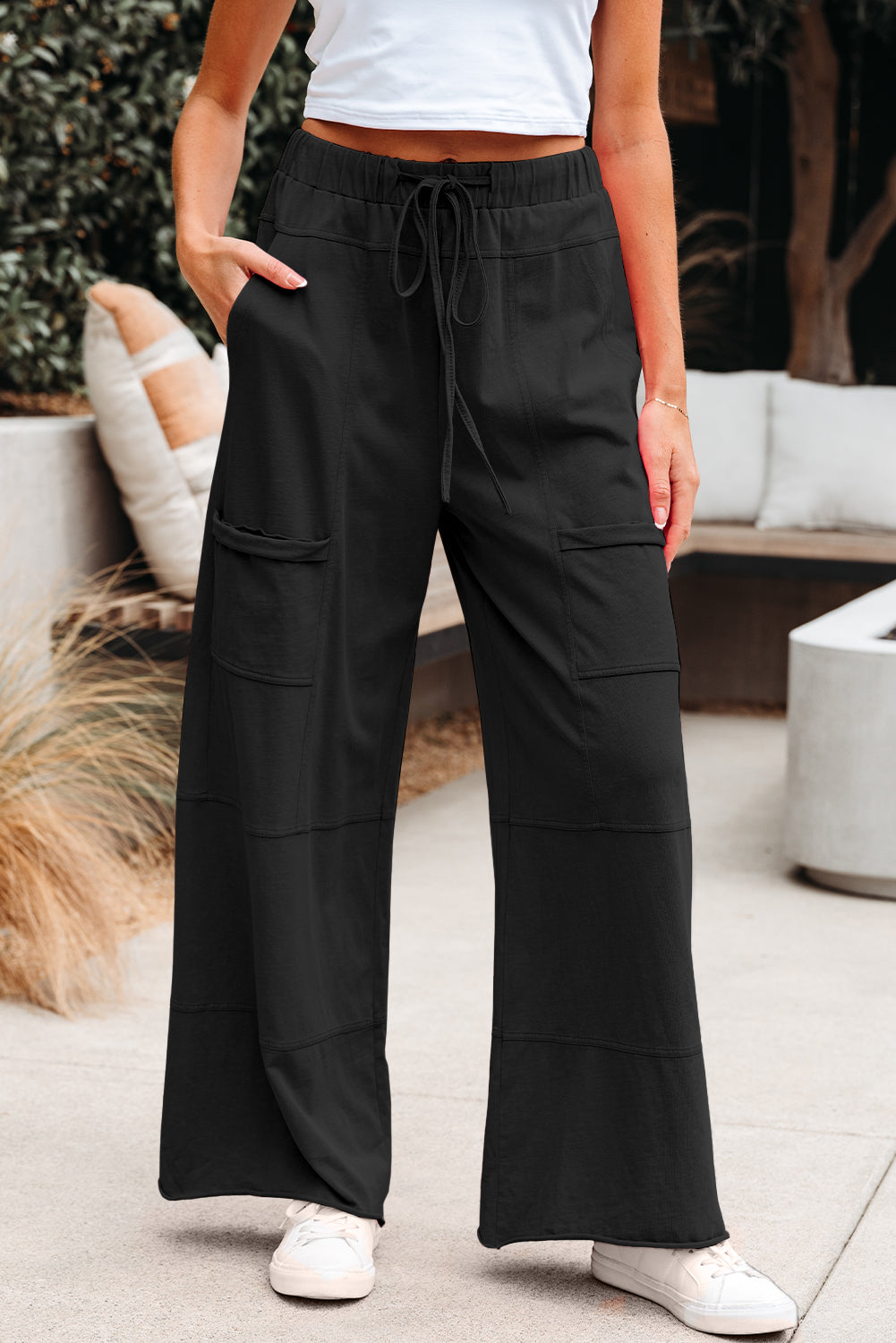 Bonbon Mineral Wash Exposed Seam Drawstring Elastic Waistband Wide Leg Cargo Pants Black 100%Cotton