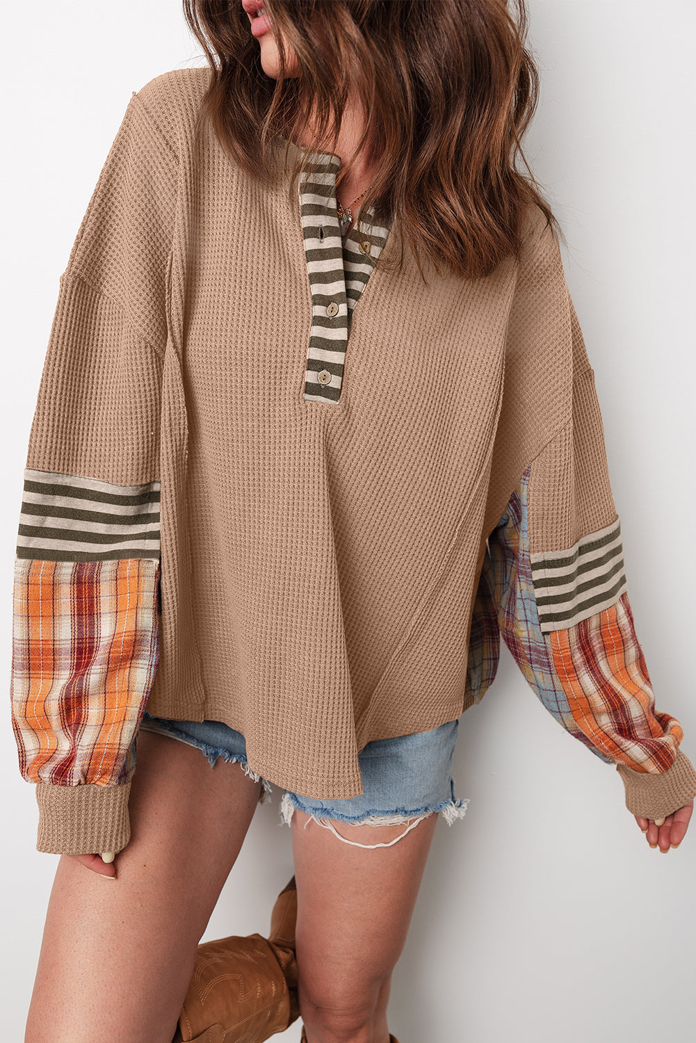 Straw Yellow Waffle Stripe Plaid Patchwork Henley Knit Top Straw Yellow 75%Polyester+25%Cotton