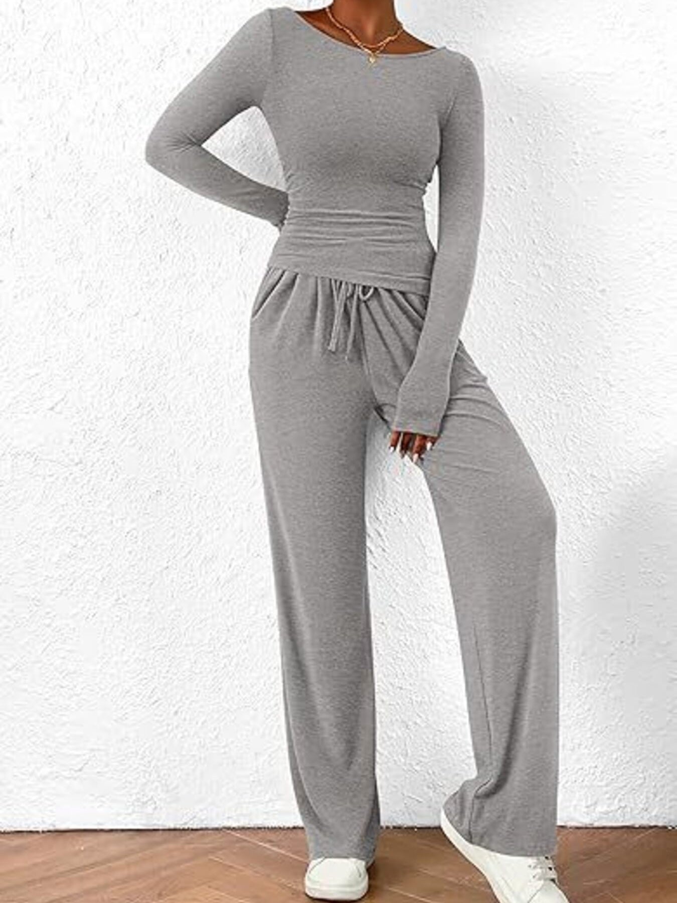 Round Neck Long Sleeve Top and Pants Set Gray