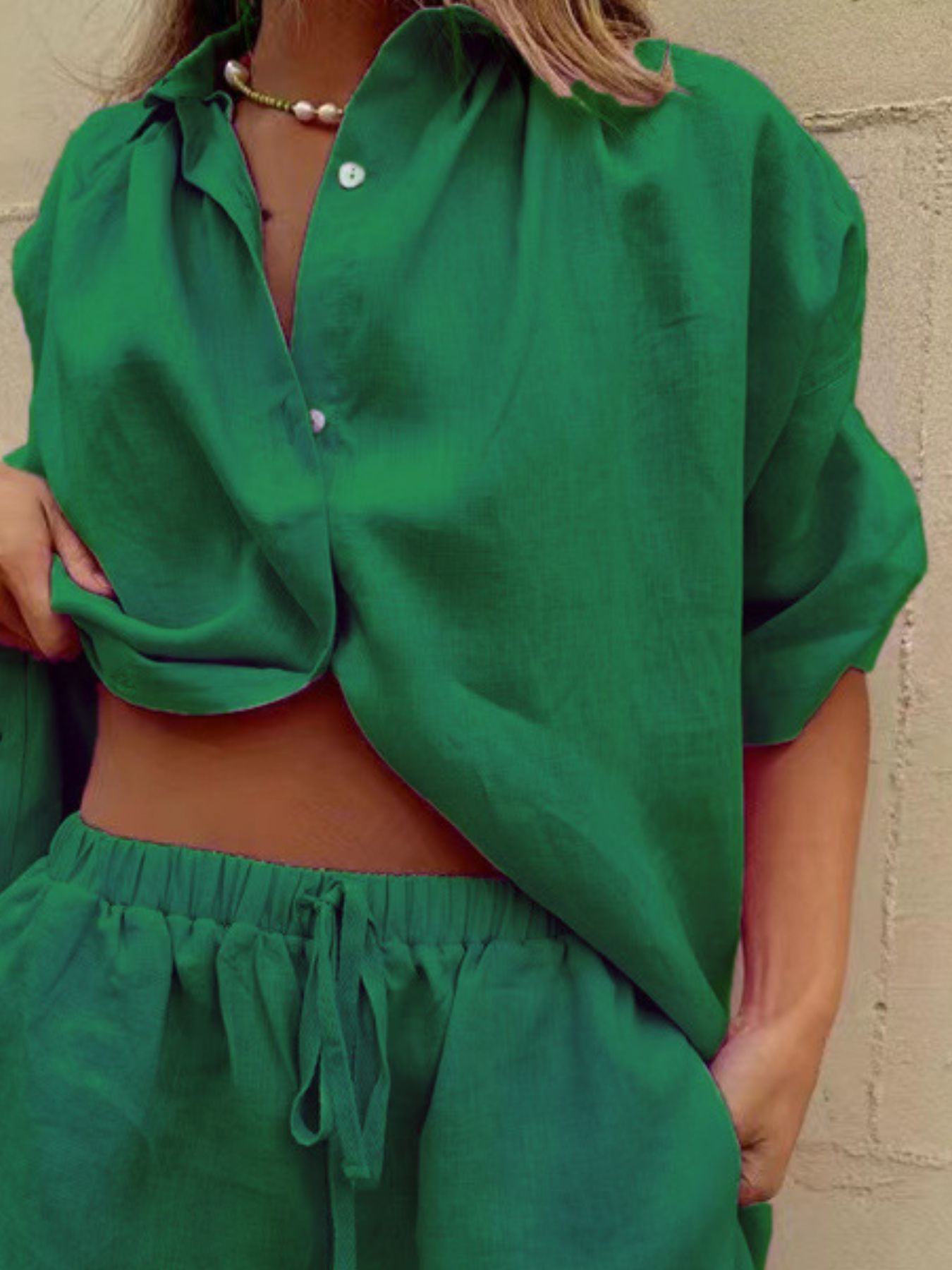 Button Up Shirt and Drawstring Shorts Set