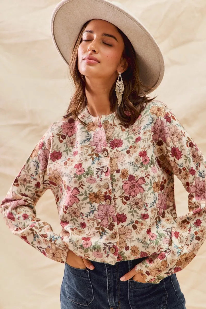 SO ME Floral Print Button Front Sweater Cardigan