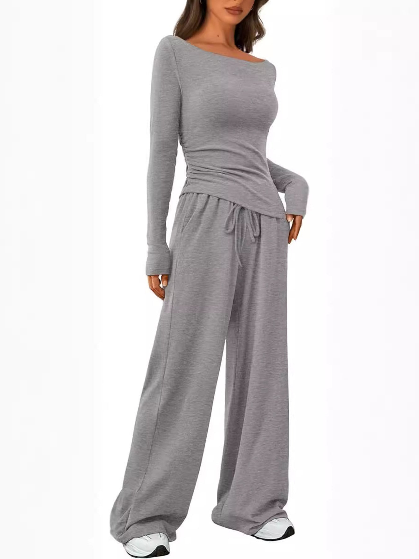 Round Neck Long Sleeve Top and Pants Set