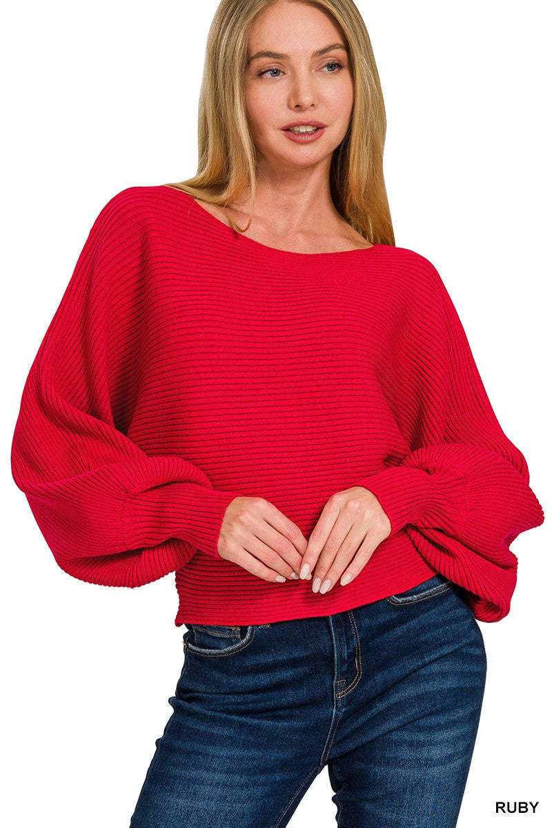Zenana Boat Neck Balloon Sleeve Sweater RUBY
