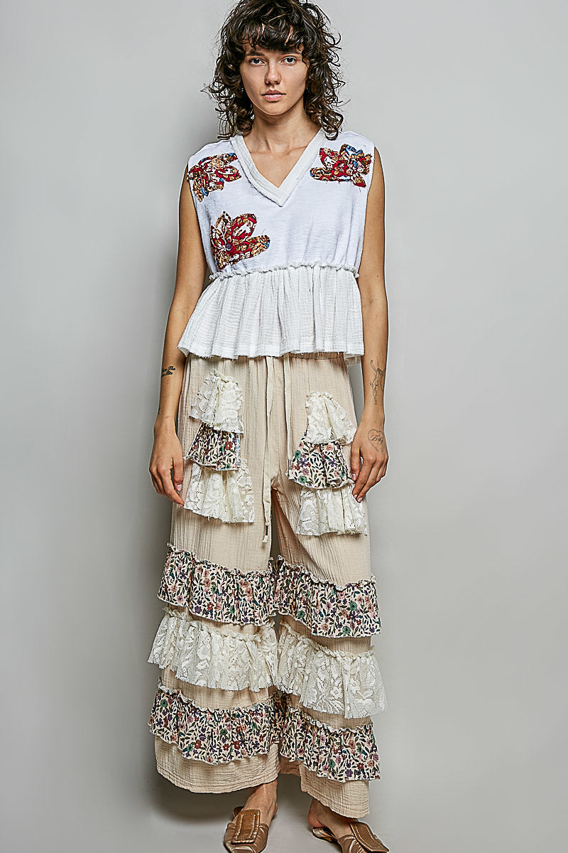 POL Floral Patch Ruffled Sleeveless Top with Raw Edge Detail
