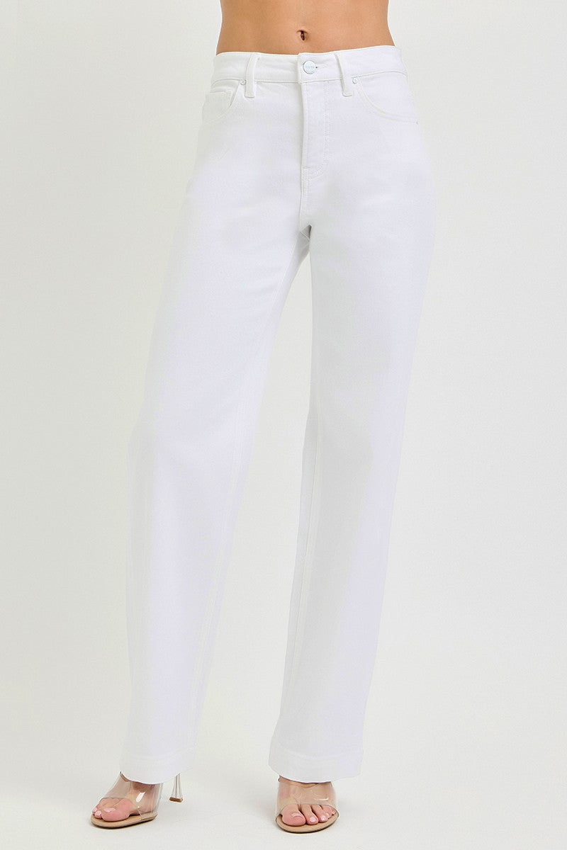 RISEN Full Size High Rise Wide Baggy Pants Plus Size WHITE