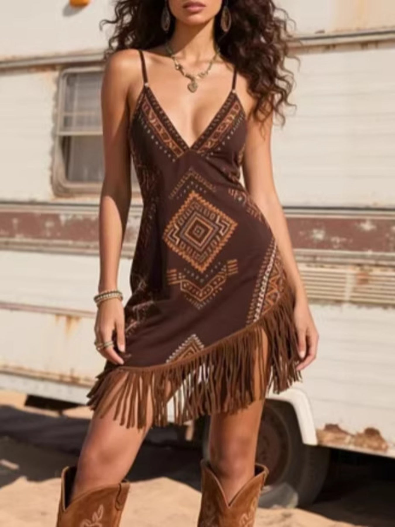 Fringe Trim Geometric Mini Dress Brown