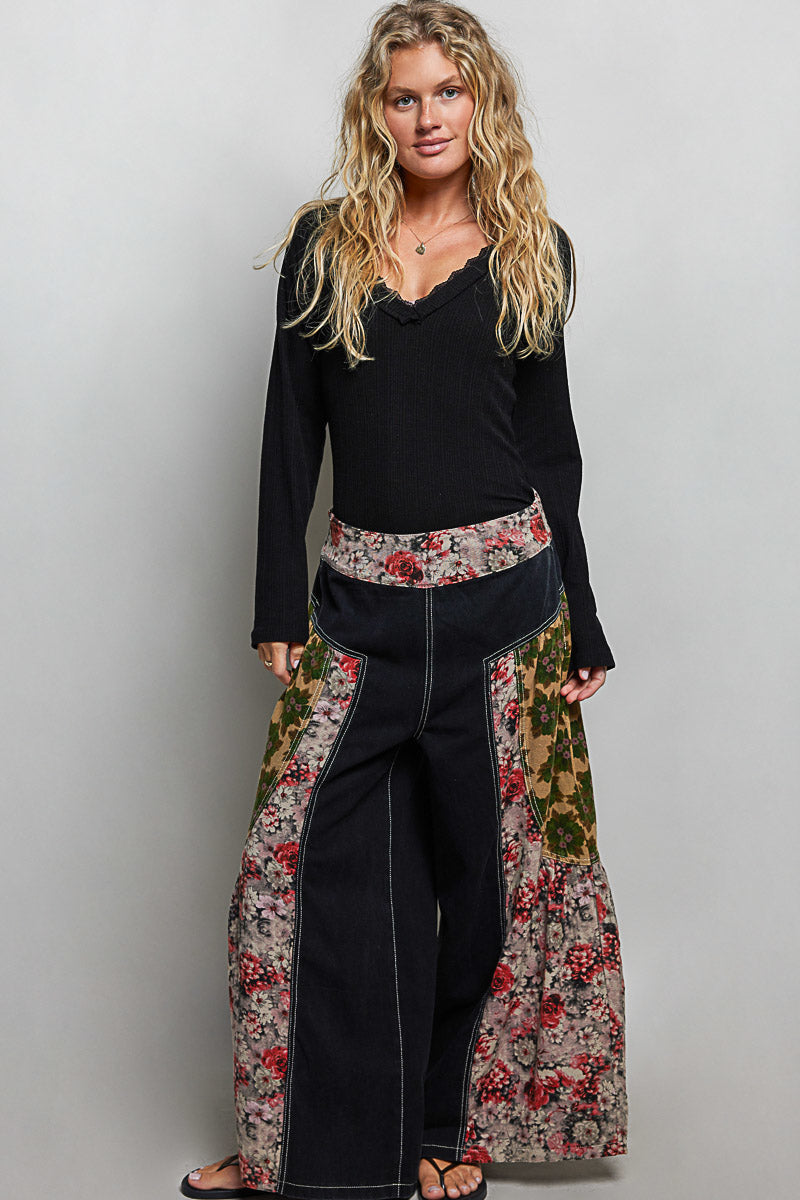 POL V-Neck Long Sleeve Ribbed Top with Lace-Accent Neckband