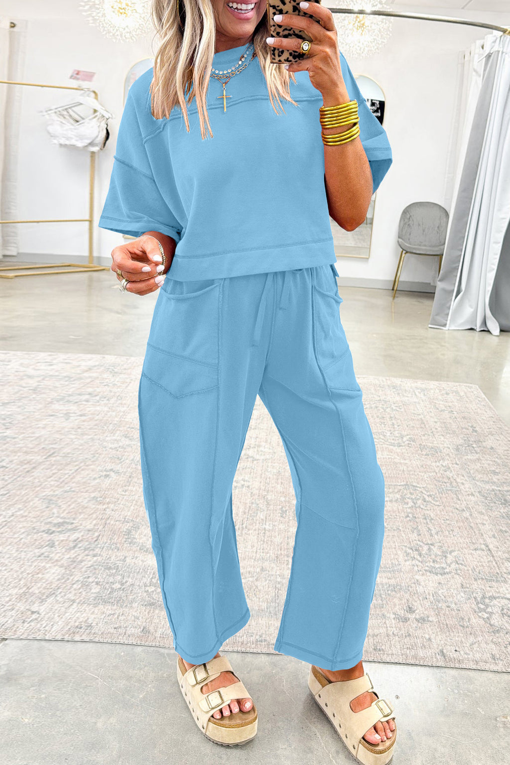 Sky Blue Drop Shoulder Boxy Tee and Barrel Pants Set Sky Blue 80%Polyester+20%Cotton