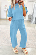 Sky Blue Drop Shoulder Boxy Tee and Barrel Pants Set Sky Blue 80%Polyester+20%Cotton
